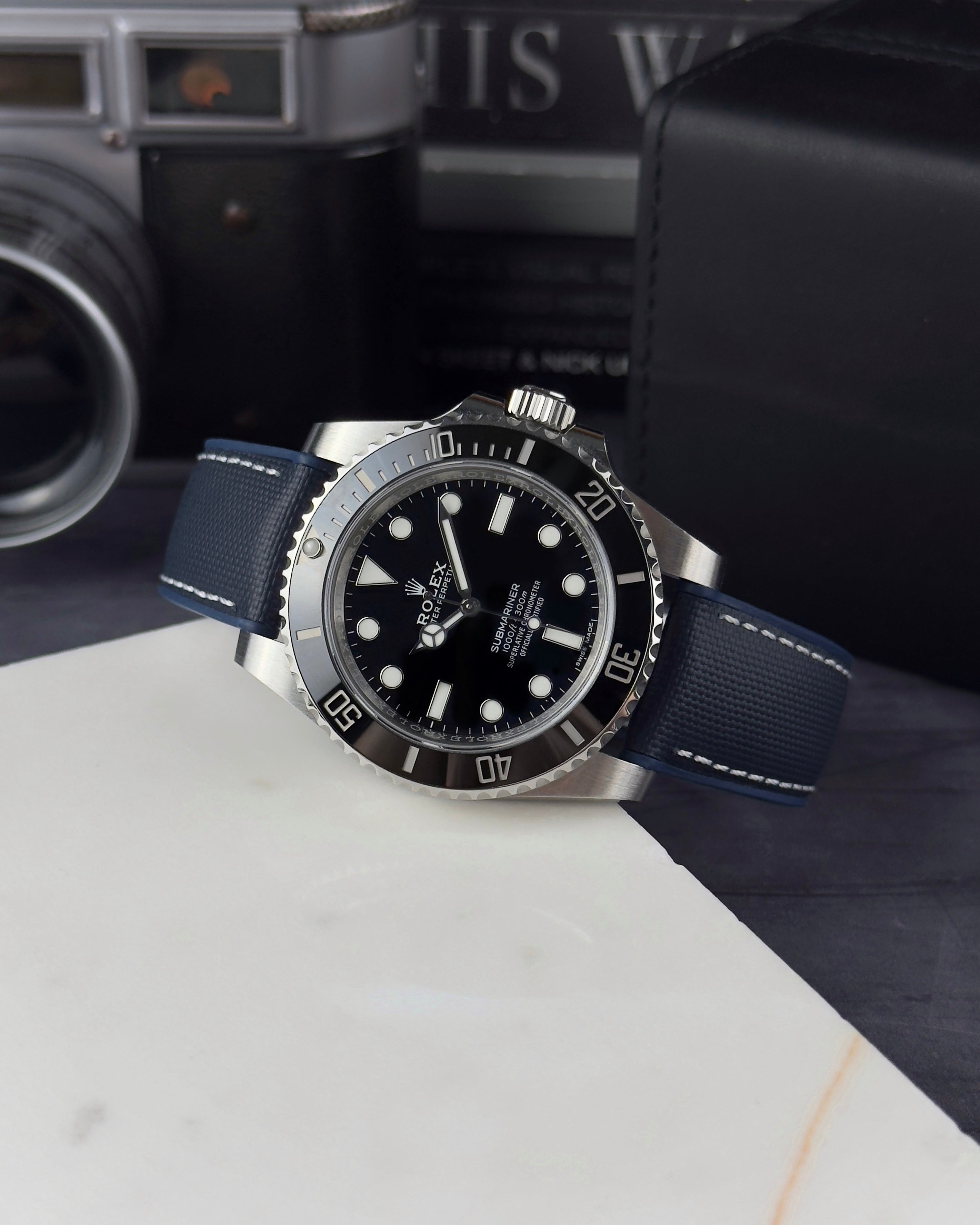 HYBRID•FKM Premium Sailcloth Rubber Watch Strap-Navy Blue With White Stitching