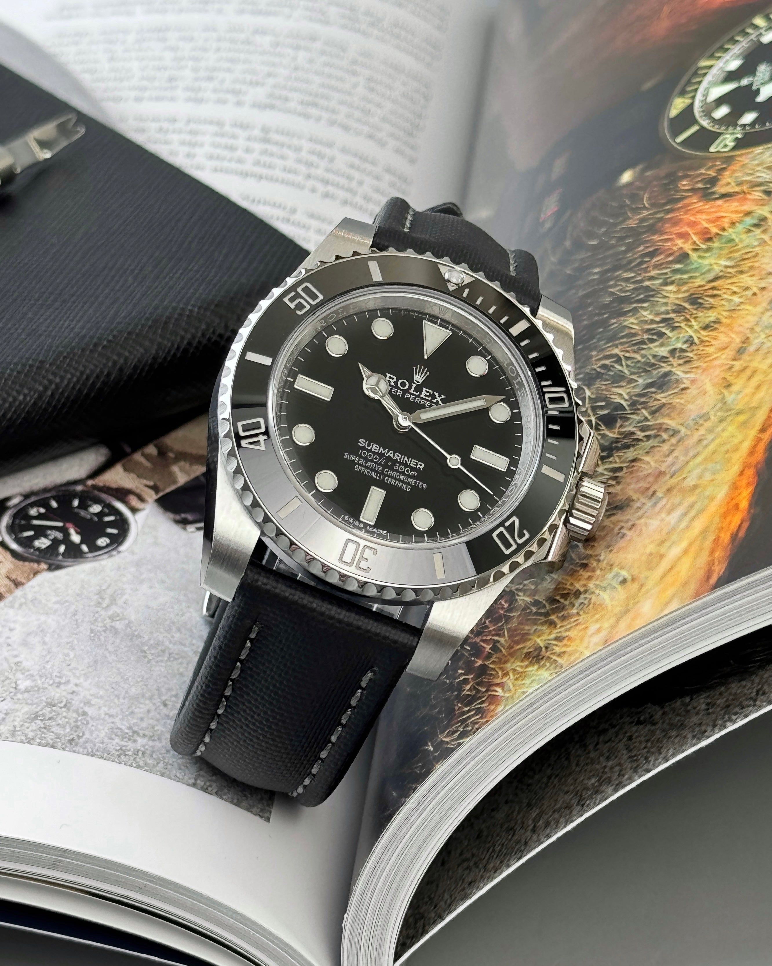 Premium Black Sailcloth Watch Strap With Grey Stitching