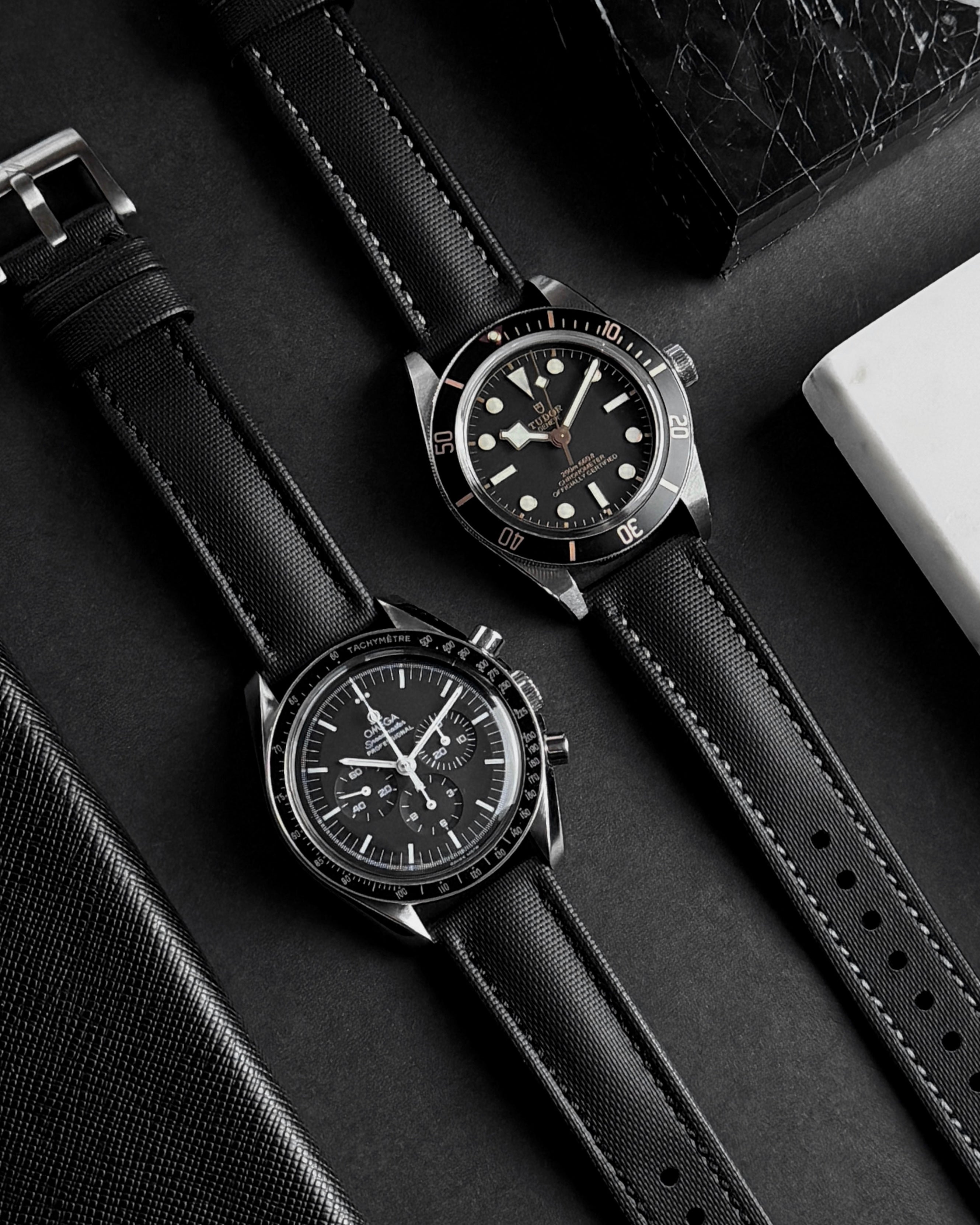 Classic Black Sailcloth Watch Strap With Black Stitching